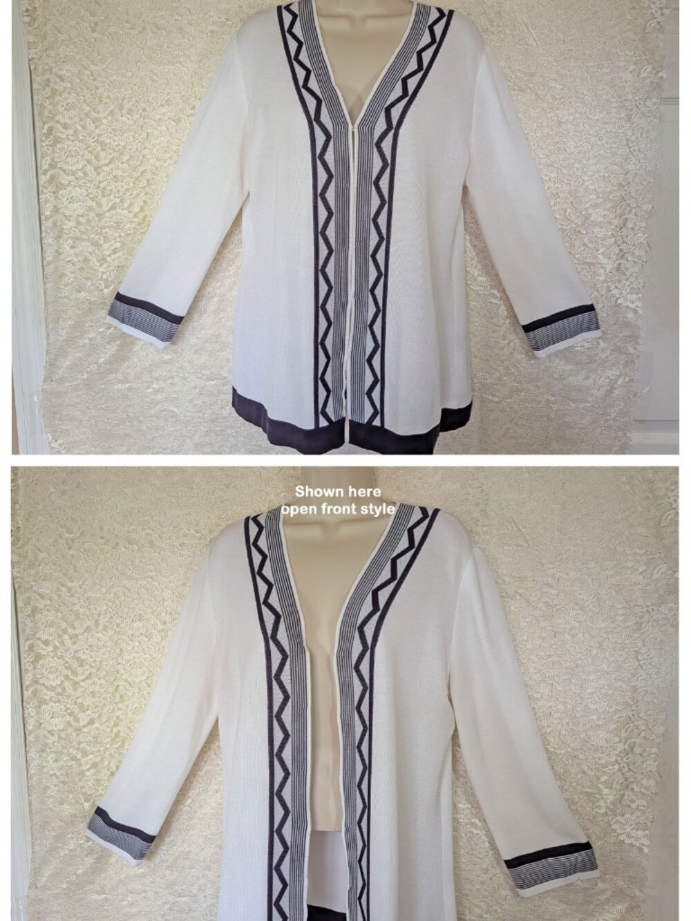 40" bust MISOOK knit blazer, White, Black striped trim, V neck, Hidden hooks - Picture 5 of 16